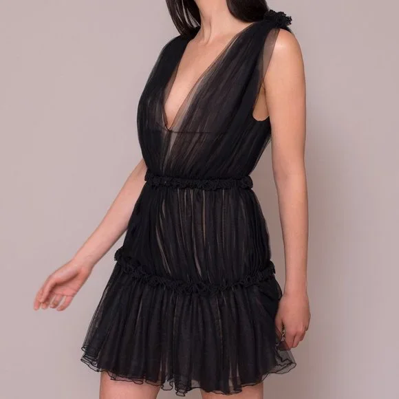ZÉTA "Tali" Tulle Plunging V Neckline Mini Dress in Black - Picture 2 of 6